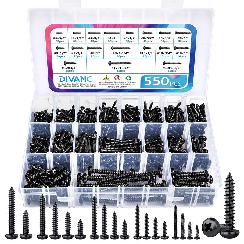 DIVANC 550Pcs 304 Stainless Steel Black Wood Screws Assortment Kit, Phillips Pan Head Sheet Metal Screw Self Tapping Screws Set, #4#6#8#10#12 Wood Assorted Screws (Black-Pan Head 550PCS) - Image 1